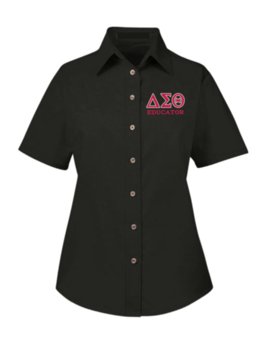 DST Educator Greek Letter Embroidered Twill Short Sleeve Shirt Ladies Cut