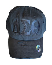 Load image into Gallery viewer, DST Black on Black &quot; ΔΣΘ&quot; Distressed Adjustable Cap
