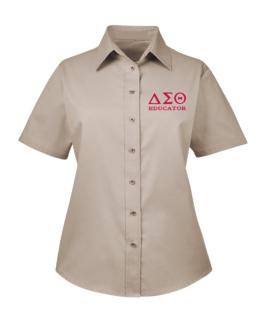 DST Educator Greek Letter Embroidered Twill Short Sleeve Shirt Ladies Cut
