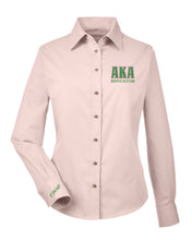 Load image into Gallery viewer, AKA Educator Greek Letter Embroidered Twill Long Sleeve Shirt Ladies Cut
