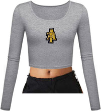 Load image into Gallery viewer, NC A&amp;T Interlocking A and T Fitted Scoop Neck LS Crop Top
