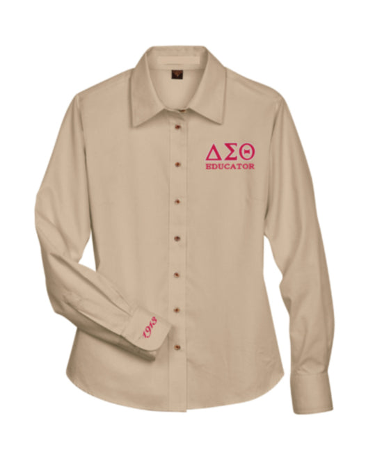 DST Educator Greek Letter Embroidered Twill Long Sleeve Shirt Ladies Cut