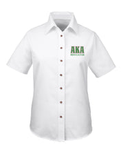 Load image into Gallery viewer, AKA Educator Greek Letter Embroidered Twill Short Sleeve Shirt Ladies Cut
