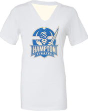Load image into Gallery viewer, Hampton University | Embroidered Chenille Ladies Cut Fitted V-neck T-shirt
