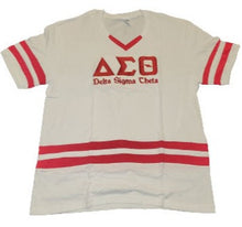 Load image into Gallery viewer, ΔΣΘ Varsity Jersey Embroidered G2 V-Neck Tee (*Plus sizes available*)

