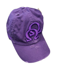Load image into Gallery viewer, Purple Omega Psi Phi Double Hooks 3D effect On Distressed Cap
