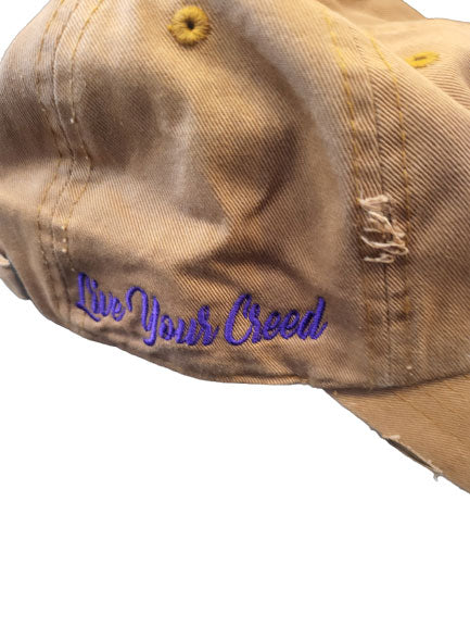 Gold Omega Psi Phi Double Hooks 3D effect On Distressed Cap