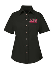 Load image into Gallery viewer, DST Educator Greek Letter Embroidered Twill Short Sleeve Shirt Ladies Cut
