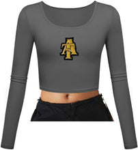 Load image into Gallery viewer, NC A&amp;T Interlocking A and T Fitted Scoop Neck LS Crop Top
