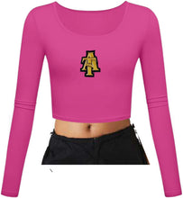 Load image into Gallery viewer, NC A&amp;T Interlocking A and T Fitted Scoop Neck LS Crop Top
