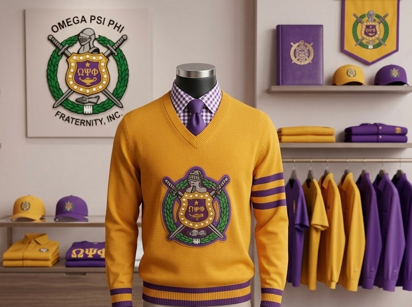 “Omega Psi Phi Embroidered Crest Sweater – Gold & Purple”