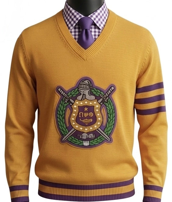 “Omega Psi Phi Embroidered Crest Sweater – Gold & Purple”
