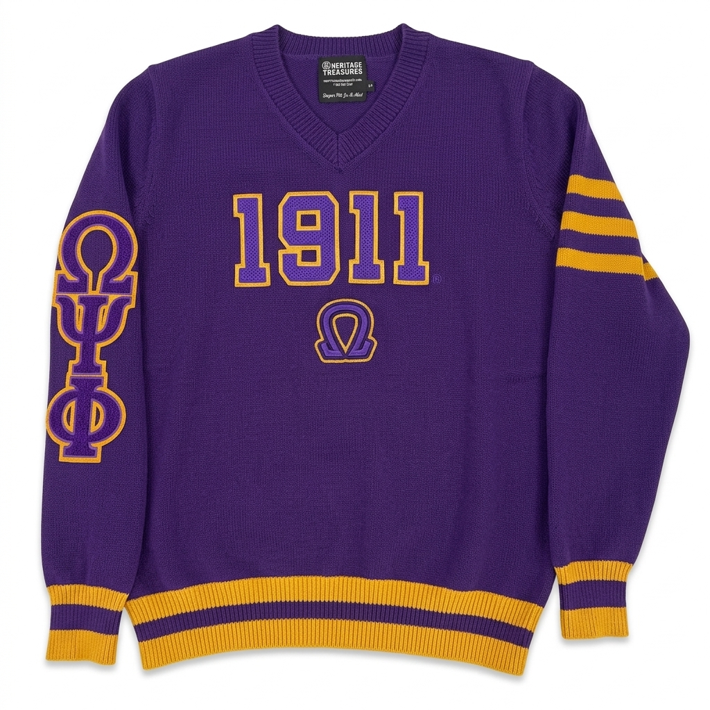 Omega Psi Phi 1911 Premium Knit Sweater – Purple & Gold V-Neck Greek Apparel