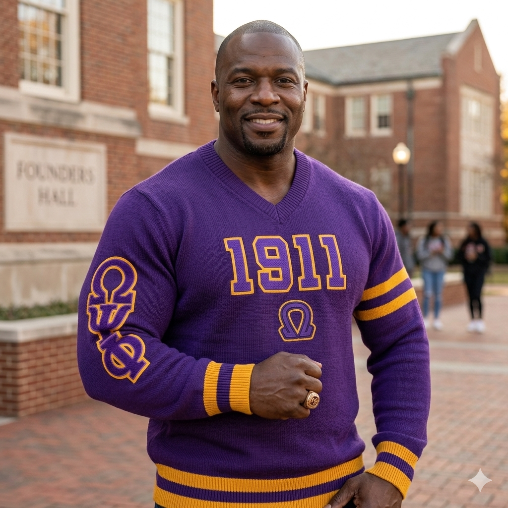 Omega Psi Phi 1911 Premium Knit Sweater – Purple & Gold V-Neck Greek Apparel
