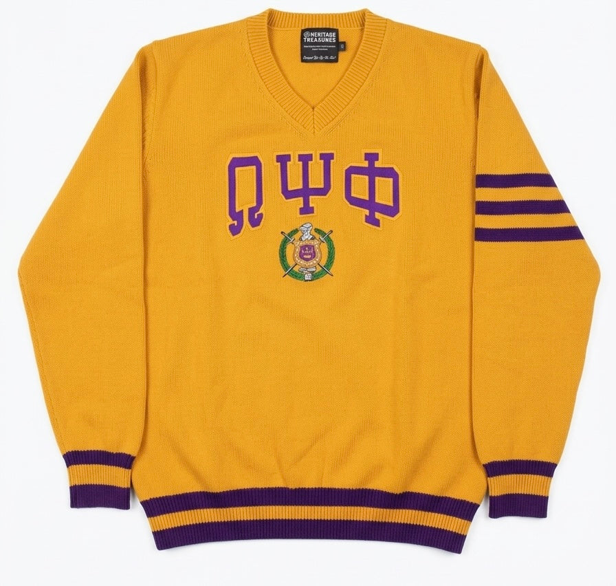 “Omega Psi Phi Varsity Sweater – Gold & Purple Edition”