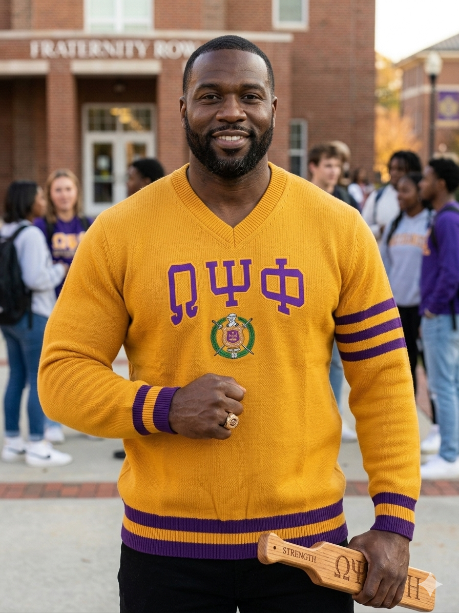 “Omega Psi Phi Varsity Sweater – Gold & Purple Edition”