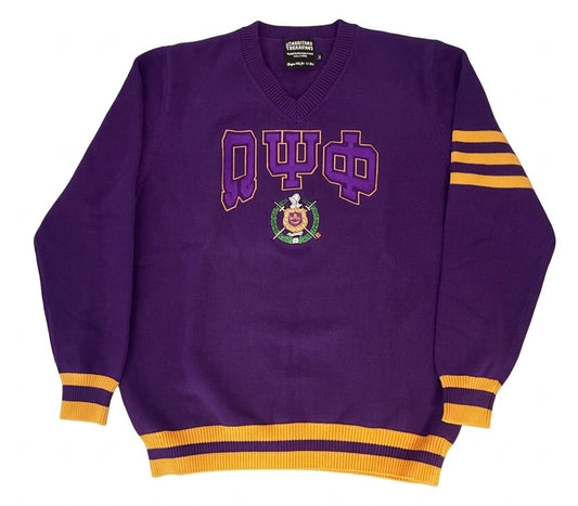 Omega Psi Phi Crest Premium Knit Sweater – Purple & Gold Greek Letter Apparel