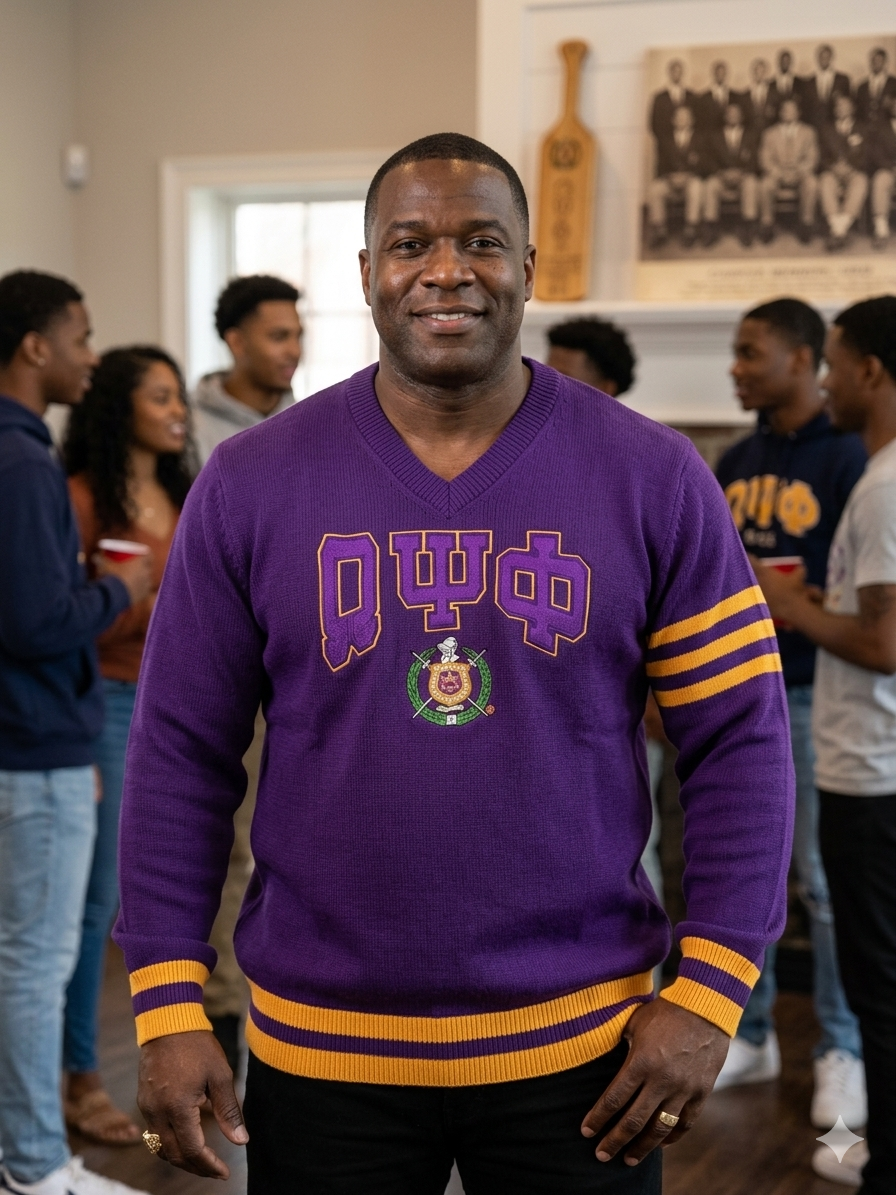 Omega Psi Phi Crest Premium Knit Sweater – Purple & Gold Greek Letter Apparel