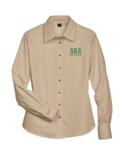 Load image into Gallery viewer, AKA Educator Greek Letter Embroidered Twill Long Sleeve Shirt Ladies Cut
