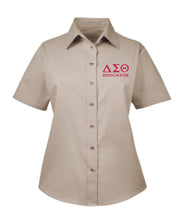 Load image into Gallery viewer, DST Educator Greek Letter Embroidered Twill Short Sleeve Shirt Ladies Cut
