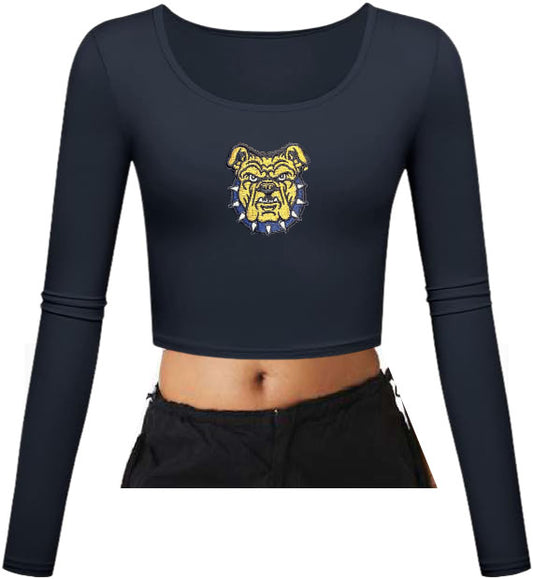 NC A&T Aggie Bulldog Face Fitted Scoop Neck LS Crop Top