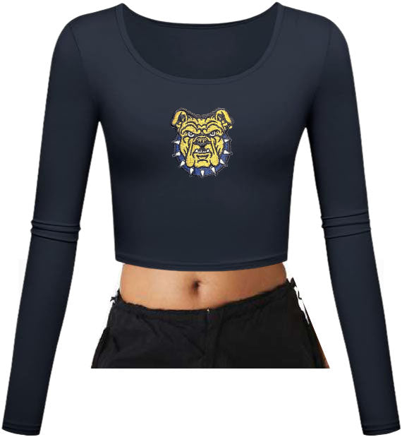 NC A&T Interlocking Aggie Dog Face Fitted Scoop Neck LS Crop Top