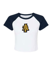 Load image into Gallery viewer, NC A&amp;T Raglan Fitted Interlocking A &amp; T Crop Top Tee
