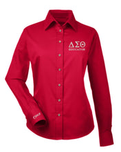 Load image into Gallery viewer, DST Educator Greek Letter Embroidered Twill Long Sleeve Shirt Ladies Cut
