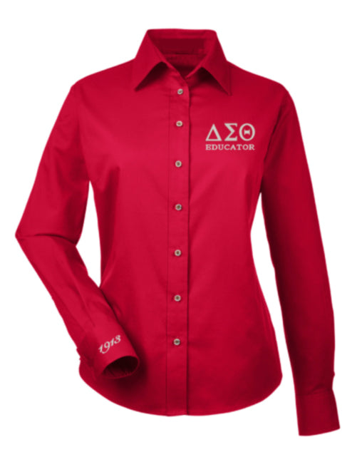 DST Educator Greek Letter Embroidered Twill Long Sleeve Shirt Ladies Cut
