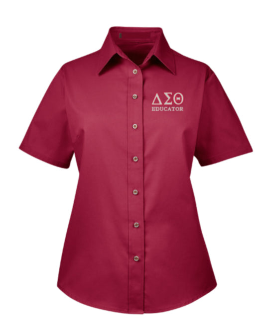 DST Educator Greek Letter Embroidered Twill Short Sleeve Shirt Ladies Cut