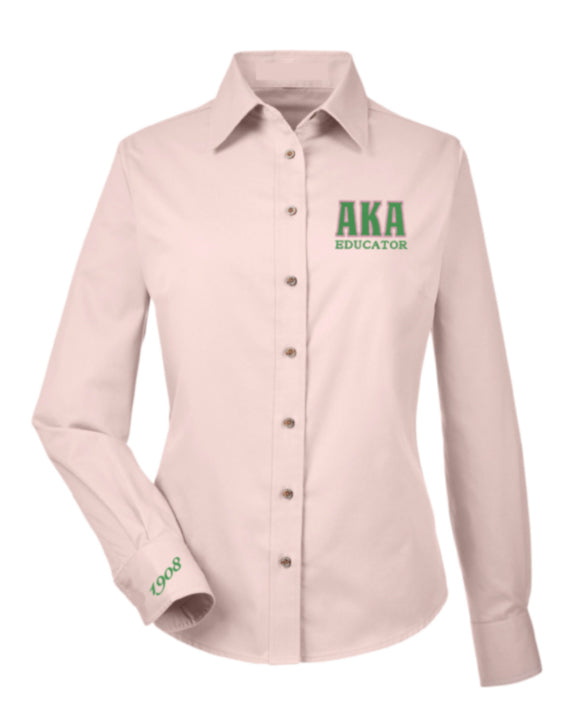 AKA Educator Greek Letter Embroidered Twill Long Sleeve Shirt Ladies Cut