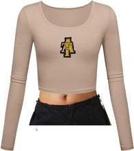 Load image into Gallery viewer, NC A&amp;T Interlocking A and T Fitted Scoop Neck LS Crop Top
