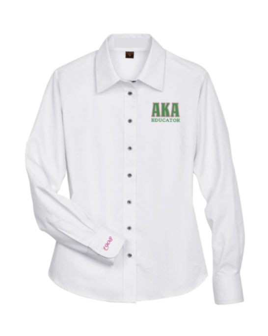 AKA Educator Greek Letter Embroidered Twill Long Sleeve Shirt Ladies Cut