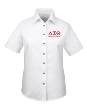 Load image into Gallery viewer, DST Educator Greek Letter Embroidered Twill Short Sleeve Shirt Ladies Cut
