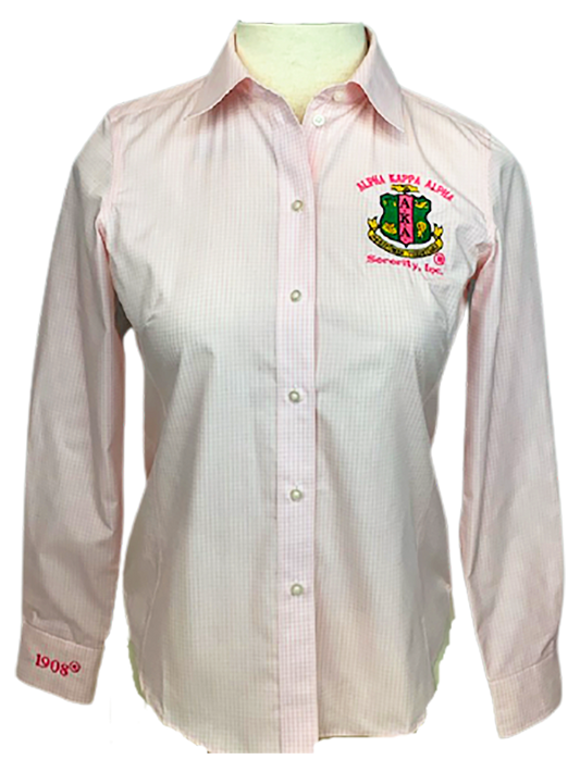 AKA Embroidered Light Pink Gingham Button Down