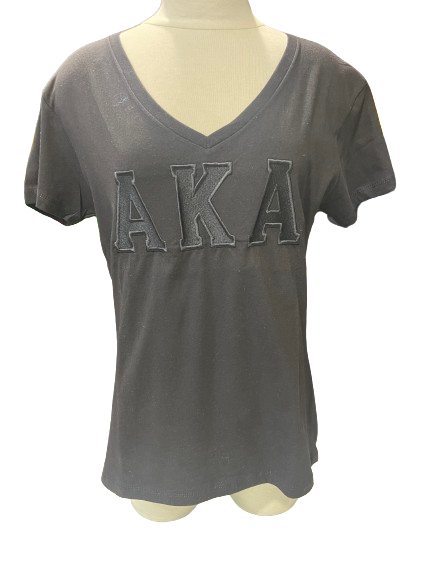AKA Black Tone on Tone V-Neck Embroidered Tee