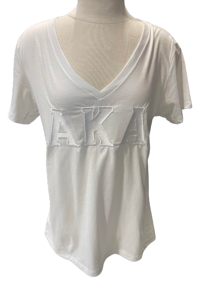 AKA White Tone on Tone V-Neck Embroidered Tee