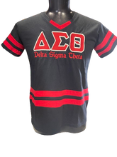 Load image into Gallery viewer, ΔΣΘ Varsity Jersey Embroidered G2 V-Neck Tee (*Plus sizes available*)

