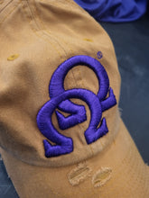 Load image into Gallery viewer, Gold Omega Psi Phi Double Hooks 3D effect On Distressed Cap
