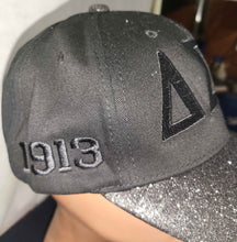 Load image into Gallery viewer, Delta Sigma Theta Greek Letter Embroidered Black Glitter Brim Cap Black on Black
