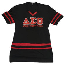 Load image into Gallery viewer, ΔΣΘ Varsity Jersey Embroidered G2 V-Neck Tee (*Plus sizes available*)
