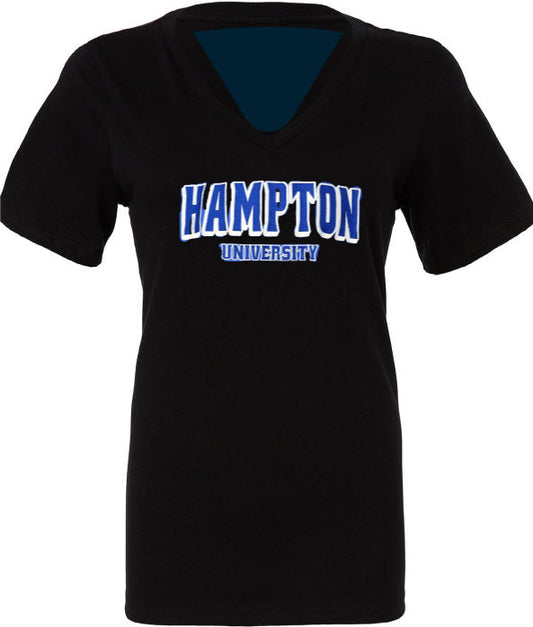 Hampton University  Embroidered Ladies Cut V-Neck T-shirt