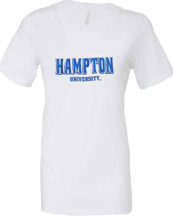 Hampton University  Embroidered Ladies Cut V-Neck T-shirt