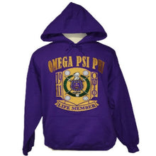 Load image into Gallery viewer, Omega Psi Phi Life Member Fully Embroidered Hoodie Purple
