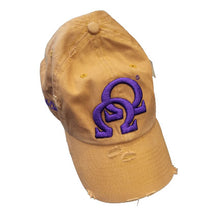 Load image into Gallery viewer, Gold Omega Psi Phi Double Hooks 3D effect On Distressed Cap
