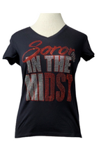 Load image into Gallery viewer, ΔΣΘ Soror in the MiDST Rhinestone Ladies Sized V-Neck Tee
