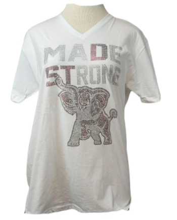 DST MaDe STrong Rhinestone Ladies Sized White V-Neck Tee