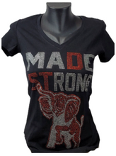 Load image into Gallery viewer, ΔΣΘ DST Made Strong Rhinestone Ladies Fitted V-Neck Red Tee
